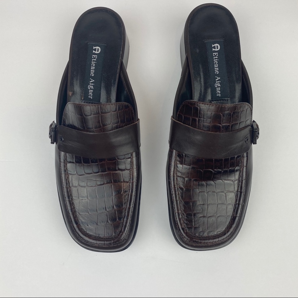 ETIENNE AIGNER Brown Croc‑Embossed Leather Mules Sz 7 1½" Heel Slip‑On Loafer - Picture 3 of 9